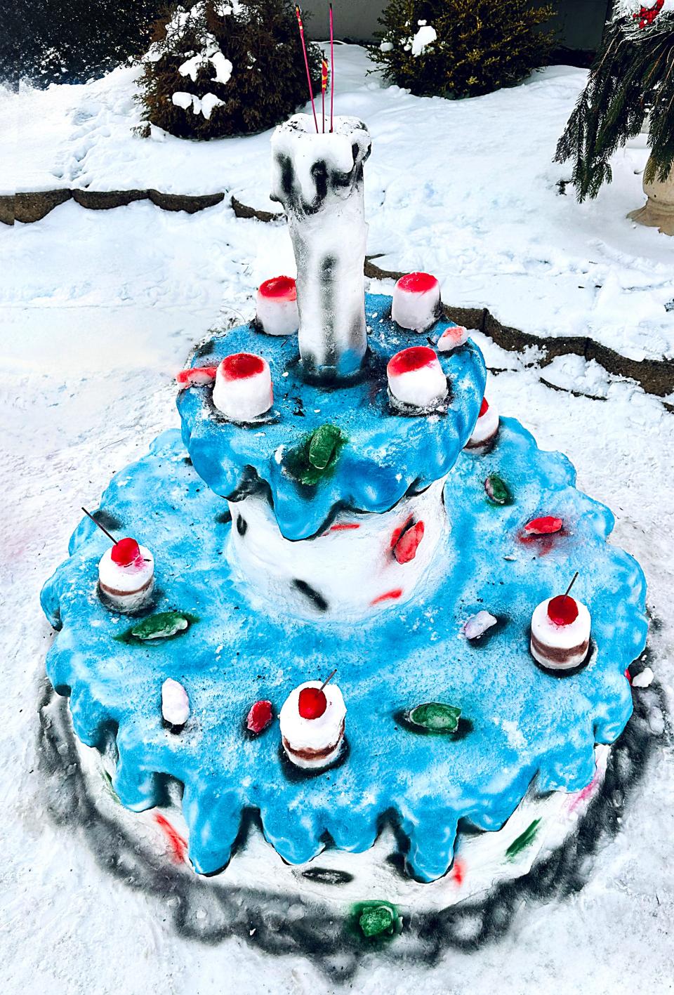 Now that's a birthday cake to behold, although maybe not to eat. Iveta Buck of Canandaigua makes snow artworks every winter.