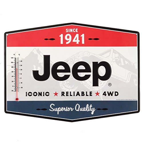 <p><strong>Open Road Brands</strong></p><p>amazon.com</p><p><strong>$29.99</strong></p><p>Give your Jeep lover this sweet vintage-styled embossed <strong>thermometer</strong> for their garage or shop. With a callback to 1941 across the top, retro advertising jargon, and a patriotic color palette, it has all the nostalgic appeal to pair perfectly with other collectibles. </p><p>At 14 inches wide and 10.25 inches high, it's guaranteed to bring Jeep style to any workspace. Heck, we might pick one up for the office!</p>