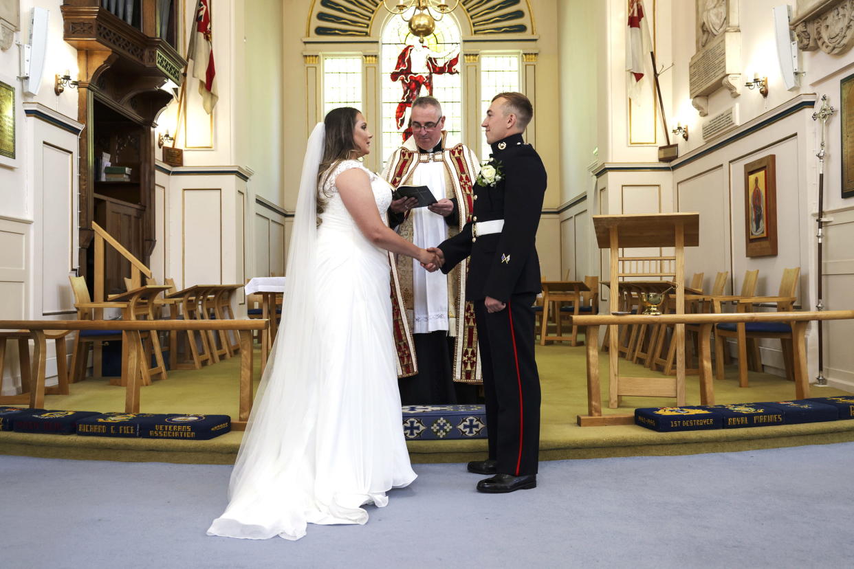 Lance Corporal Jake Kennedy and Petty Officer Naval Nurse (QARNNS) Jo Parke at St Ann’s Church (LPhot Ben Corbett/Royal Navy/PA)