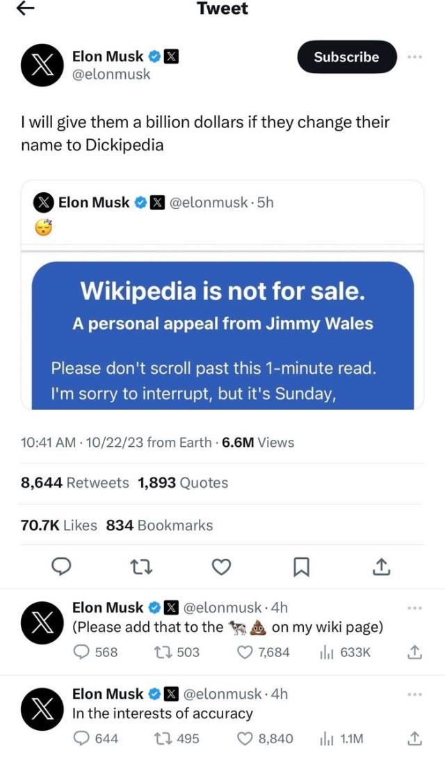 Elon Musk Says He'll Give Wikipedia $1 Billion if They Change Their Name to  D*ckipedia