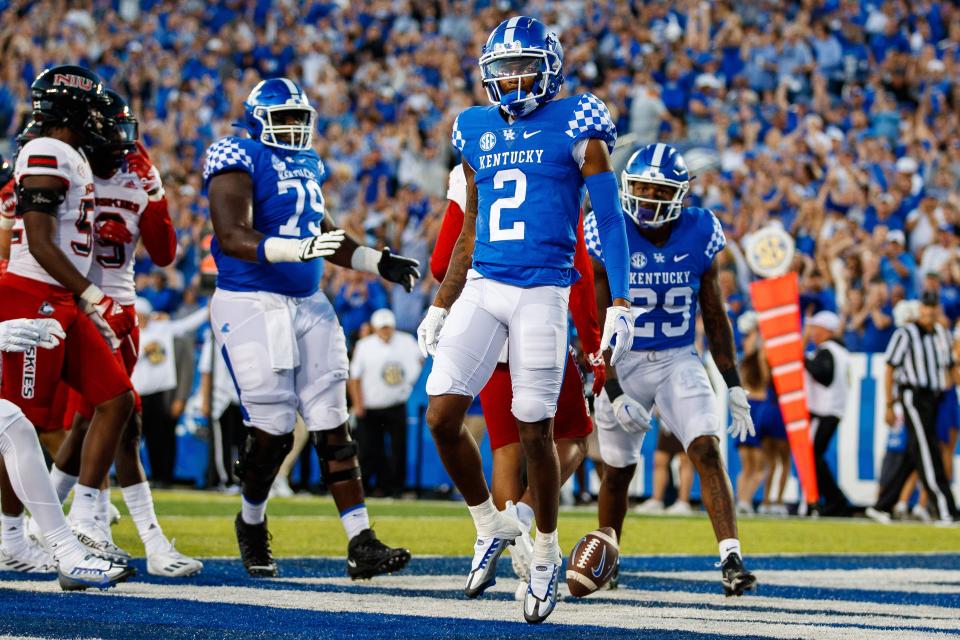 Sep 24, 2022; Lexington, Kentucky, USA; Kentucky Wildcats wide receiver Barion Brown (2) celebrates a touchdown during the first quarter against the Northern Illinois Huskies at Kroger Field. Mandatory Credit: Jordan Prather-USA TODAY Sports