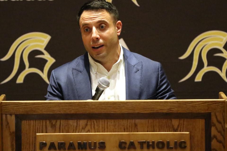 Greg Russo addresses student athletes and faculty after he was announced as the new Paramus Catholic Head Football Coach, Thursday, December 9, 2021.