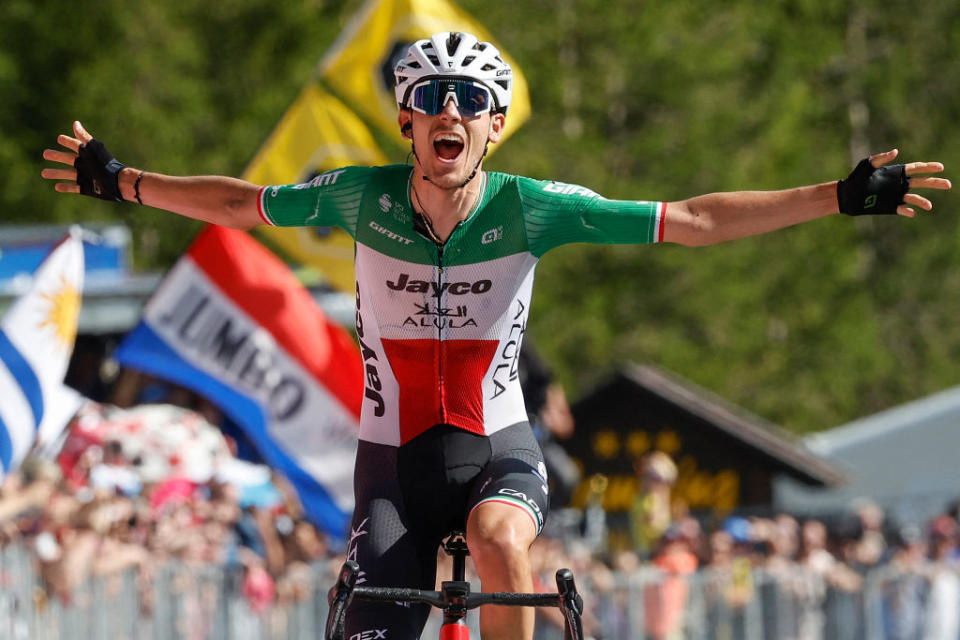 Team Jayco AlUlas Filippo Zana rider Filippo Zana celebrates on the finish line as he wins the eighteenth stage of the Giro dItalia 2023 cycling race 161 km between Oderzo and Val di Zoldo on May 25 2023  Photo by Luca BETTINI  AFP Photo by LUCA BETTINIAFP via Getty Images