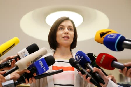 Maia Sandu, who was appointed as prime minister of Moldova, speaks to the media after the first meeting of the new cabinet, in Chisinau