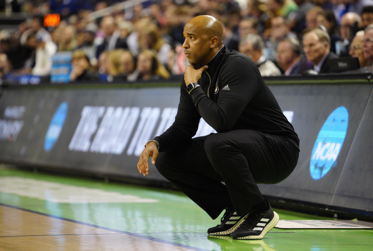 Kennesaw State head Coach Amir Abdur-Rahim showed a lot of emotion after his team fell just short of upsetting Xavier in the first round of the NCAA tournament on March 17, 2023 in Greensboro, North Carolina. (Photo by Jacob Kupferman/Getty Images)