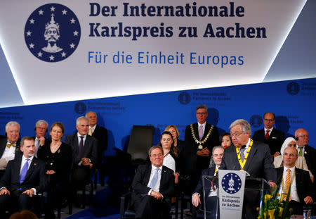 United Nations Secretary-General Antonio Guterres speaks during the Charlemagne Prize (Karlspreis) ceremony in Aachen, Germany May 30, 2019. REUTERS/Thilo Schmuelgen