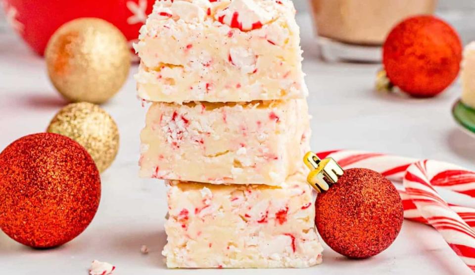 <p>The Country Cook</p><p>This looks like Christmas on a plate!</p><p><strong>Get the recipe: <a href="https://www.thecountrycook.net/easy-candy-cane-peppermint-fudge-recipe/" rel="nofollow noopener" target="_blank" data-ylk="slk:Candy Cane Fudge;elm:context_link;itc:0;sec:content-canvas" class="link ">Candy Cane Fudge</a></strong></p>