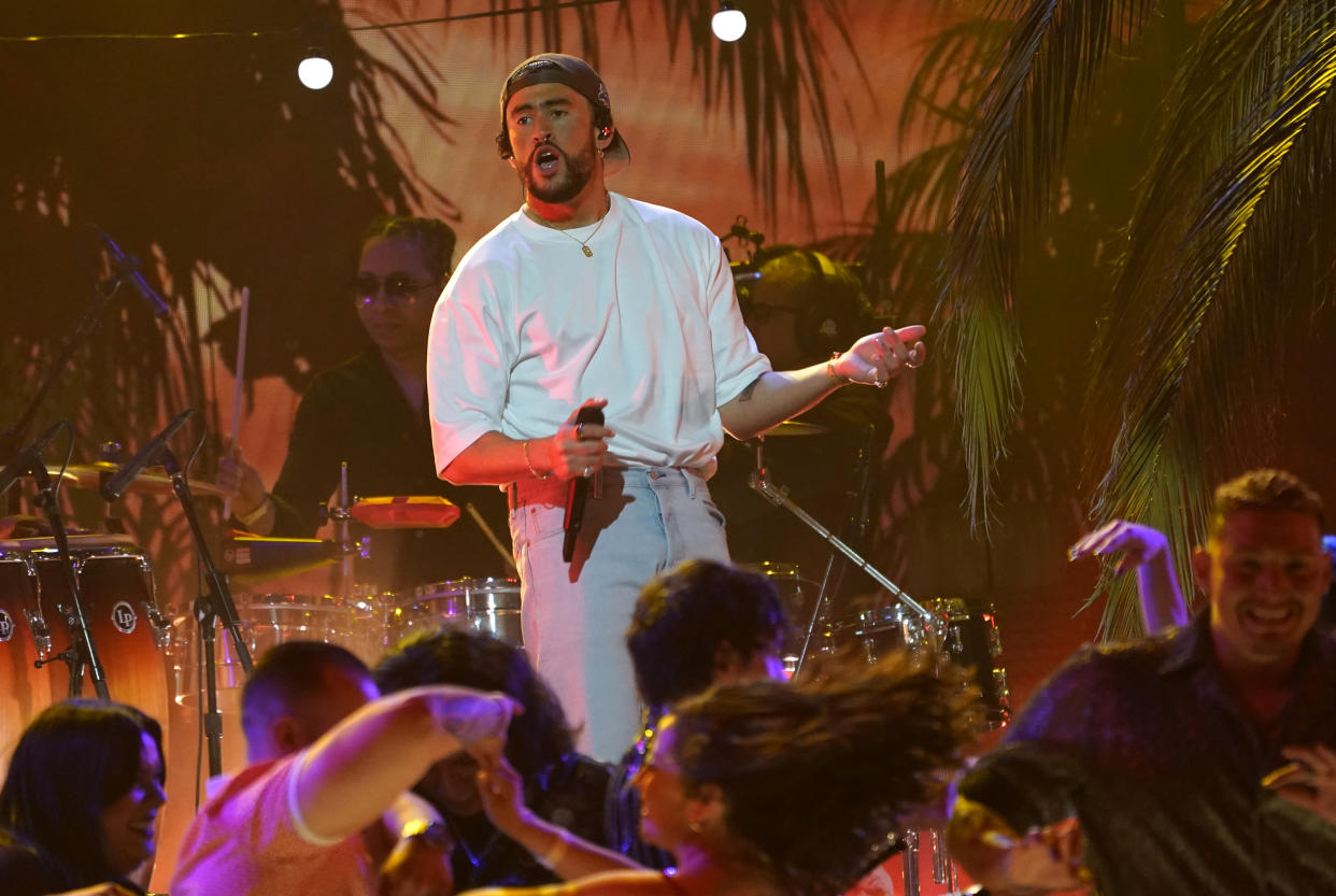 Bad Bunny performs a medley on stage at the 65th annual Grammy Awards on Sunday, Feb. 5, 2023, in Los Angeles. (AP Photo/Chris Pizzello)