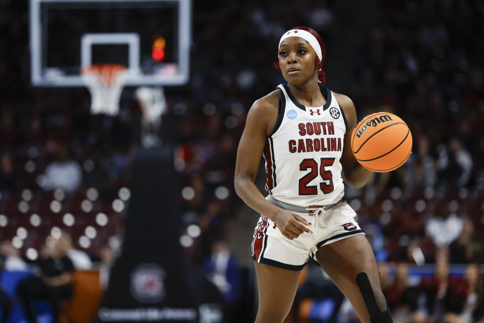 South Carolina guard Raven Johnson brings the ball up court during the first half of a first-round college basketball game against Presbyterian in the women's NCAA Tournament in Columbia, S.C., Friday, March 22, 2024. (AP Photo/Nell Redmond)