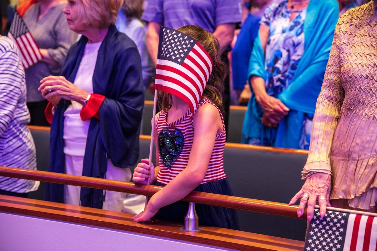 <span class="caption">Not flagging, merely changing stripes.</span> <span class="attribution"><a class="link " href="https://www.gettyimages.com/detail/news-photo/congregants-at-first-baptist-dallas-church-celebrate-news-photo/1161614870?adppopup=true" rel="nofollow noopener" target="_blank" data-ylk="slk:The Washington Post via Getty Images;elm:context_link;itc:0;sec:content-canvas"> The Washington Post via Getty Images</a></span>