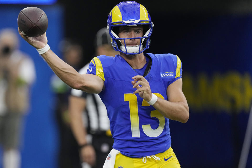 Los Angeles Rams quarterback Stetson Bennett throws during the first half of a preseason NFL football game against the Las Vegas Raiders Saturday, Aug. 19, 2023, in Inglewood, Calif. (AP Photo/Mark J. Terrill)