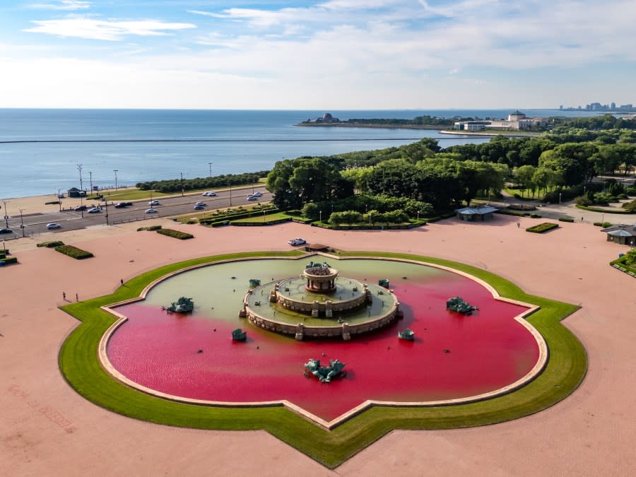 Aerial photographs of Buckingham Fountain of Pro-Palestinian protestors turning fountain green and red (Courtesy: Colin Hinkle/Soaring Badger Productions)