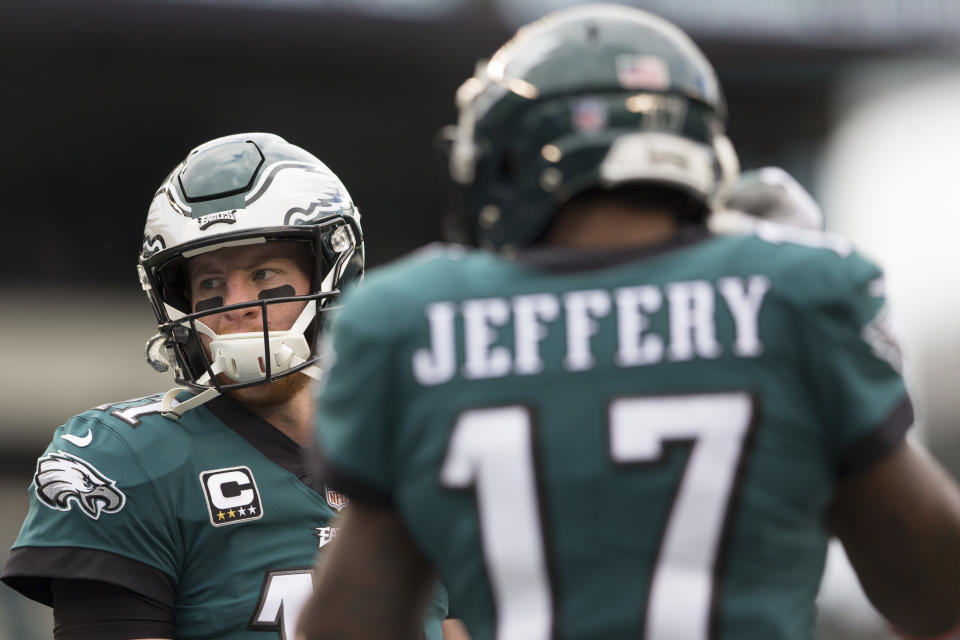 Carson Wentz #11 and Alshon Jeffery #17 of the Philadelphia Eagles 