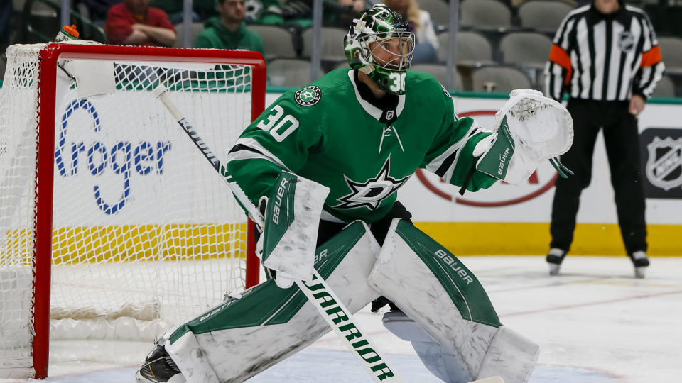 DALLAS, TX - MARCH 10: Dallas Stars goaltender Ben Bishop (30) waits for the puck drop during the game between the Dallas Stars and the New York Rangers on March 10, 2020 at American Airlines Center in Dallas, Texas. (Photo by Matthew Pearce/Icon Sportswire via Getty Images)