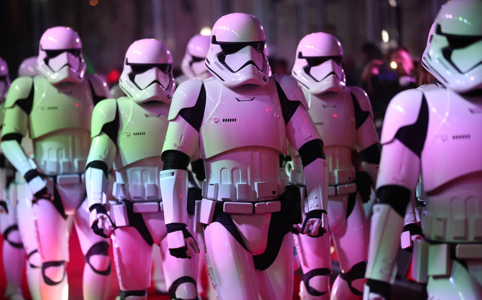 Actors dressed as storm troopers arrive for the European Premiere of 'Star Wars: The Last Jedi', at the Royal Albert Hall in central London, Britain December 12, 2017. REUTERS/Hannah McKay