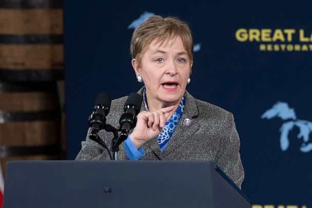 PHOTO: In this Feb. 17, 2022, file photo, Rep. Marcy Kaptur speaks during an event at the Shipyards in Lorain, Ohio. (Ken Blaze/AP, FILE)