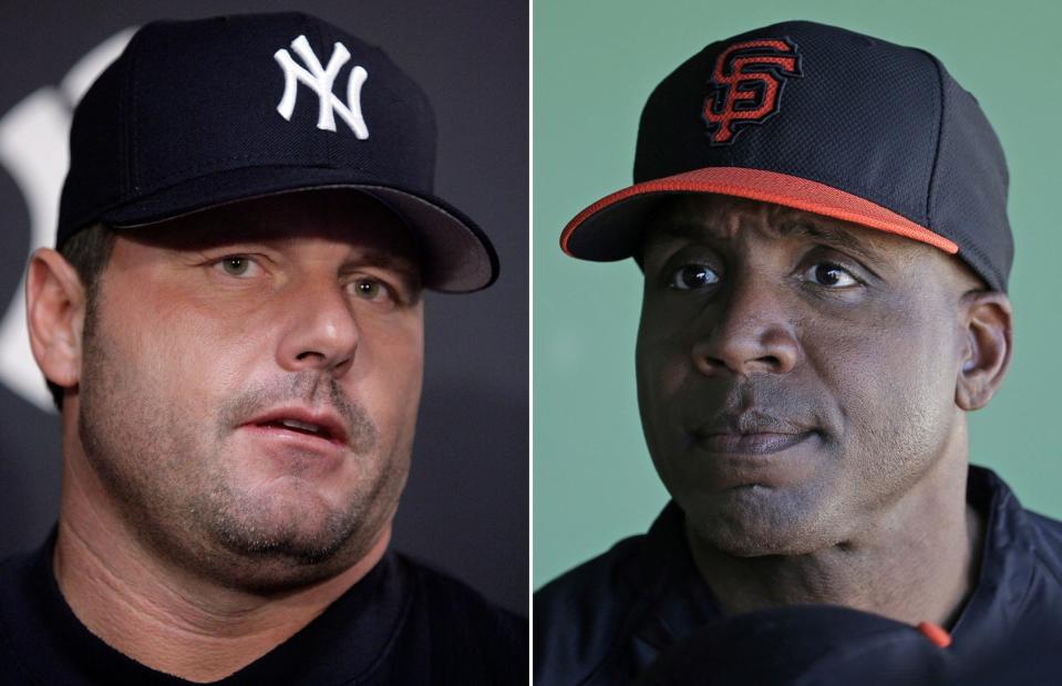 Roger Clemens, left, is shown as a New York Yankee in 2007. Barry Bonds, who spent 12 seasons with the San Francisco Giants, is shown in 2014.