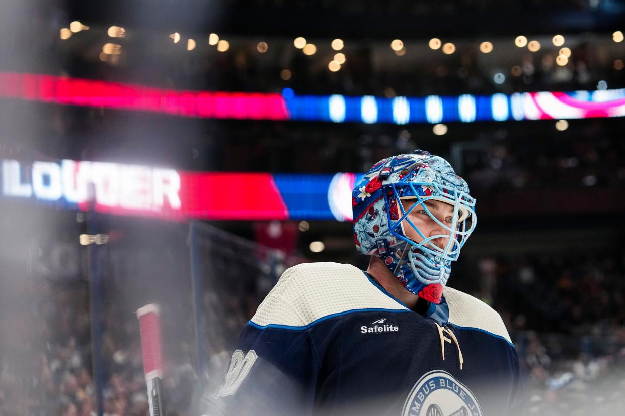 Mar 30, 2024; Columbus, Ohio, USA; Columbus Blue Jackets goaltender Elvis Merzlikins (90) prepares for overtime in the NHL hockey game against the Pittsburgh Penguins at Nationwide Arena. The Blue Jackets won 4-3 in a shootout.