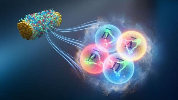  An artist's illustration of an antihyperhydrogen-4 antimatter nucleus being created from the collision of two gold nuclei. 