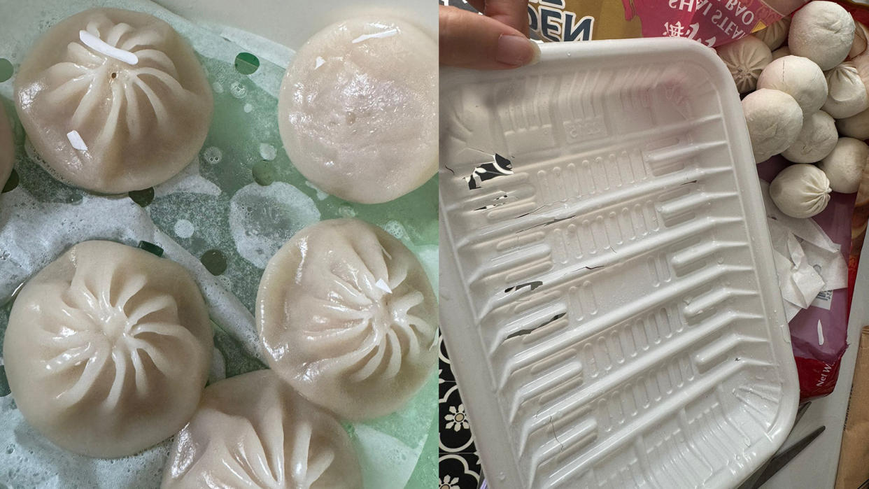 Alethea Seet only discovered the plastic pieces on the xiao long baos she had bought from FairPrice after they had been steamed. (Photos: Alethea Seet)