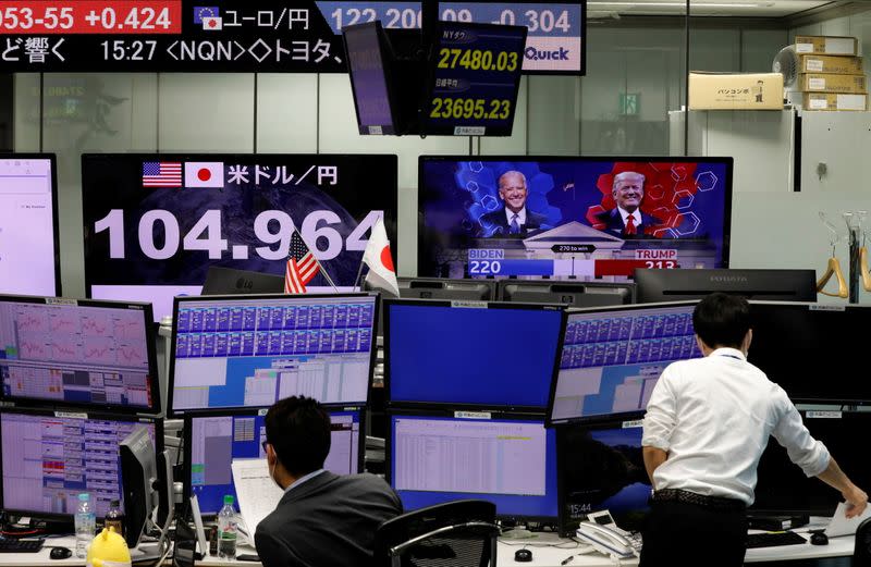 Monitors display news on 2020 U.S. presidential election and the Japanese yen exchange rate against the U.S. dollar at a foreign exchange trading company in Tokyo