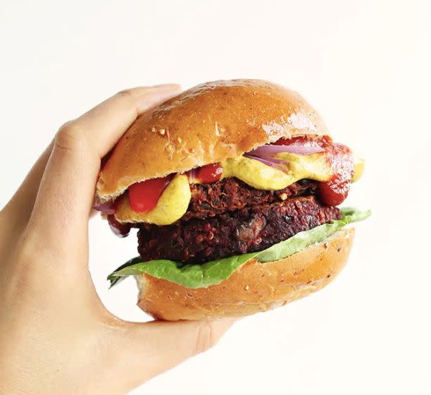 <strong>Get the <a href="https://minimalistbaker.com/smoky-black-bean-beet-burgers/" target="_blank" rel="noopener noreferrer">Smoky Black Bean Beet Burgers</a> recipe from Minimalist Baker</strong>