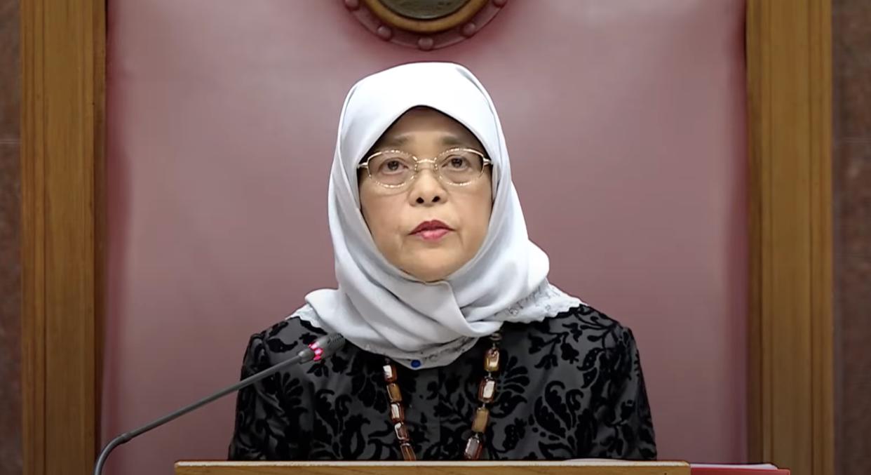 President Halimah Yacob gives her speech to open the second session of the 14th Singapore Parliament. (PHOTO: Screenshot/MCI YouTube channel)