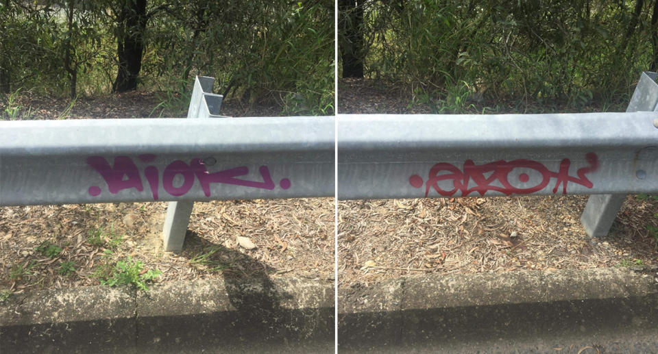 Graffiti on a guard rail near wear the dog was stolen. Source: Facebook