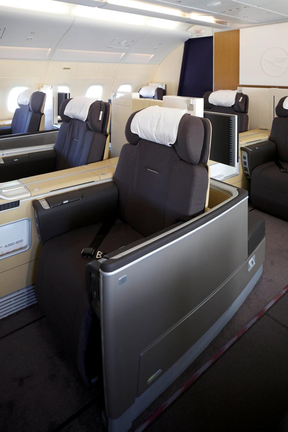 First class seating in the A380 operated by Lufthansa.