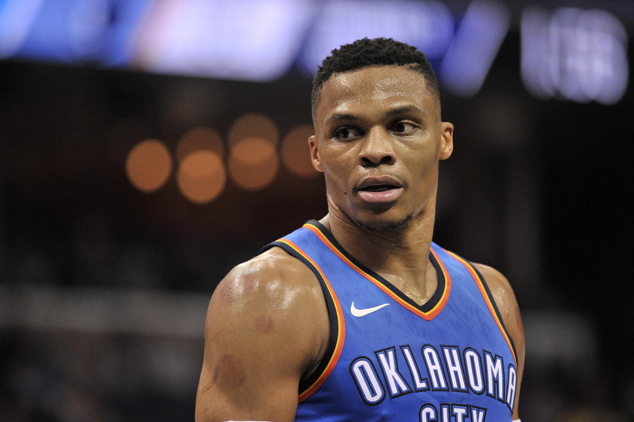 Oklahoma City Thunder guard Russell Westbrook has seen his numbers and efficiency drop this season. (AP Photo/Brandon Dill)