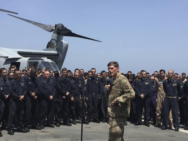 General Joseph Votel, the head of the U.S. military?s Central Command, speaks aboard the USS New Orleans, an amphibious dock ship, as it travels through the Strait of Hormuz July 11, 2016.  REUTERS/Phil Stewart