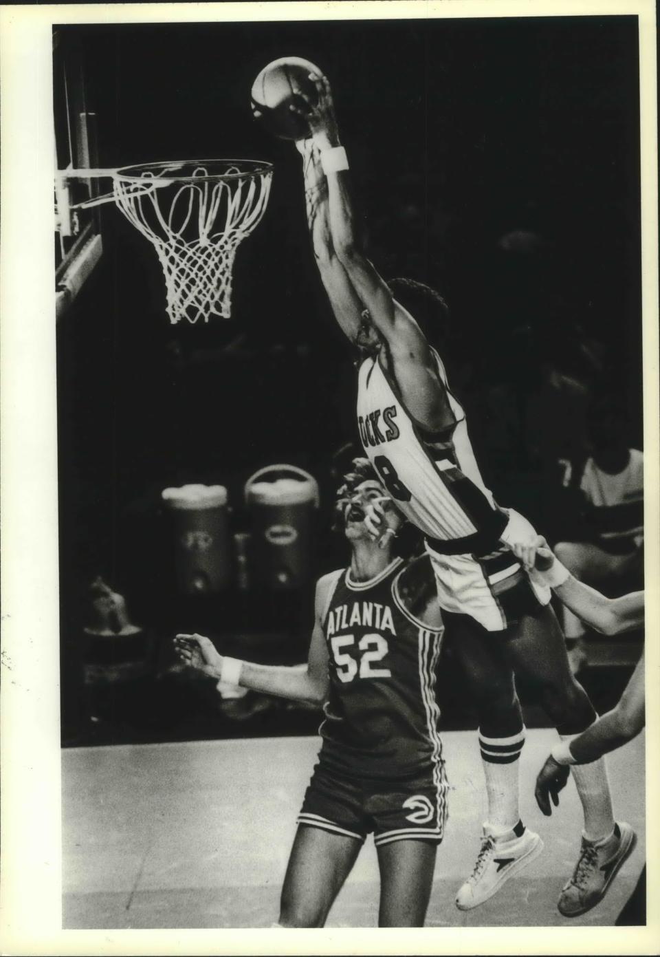 Marques Johnson soars in for a dunk against Atlanta during 1977 in his first season with the Milwaukee Bucks.