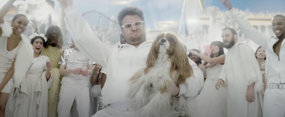 Seth Rogen dances in heaven with a dog