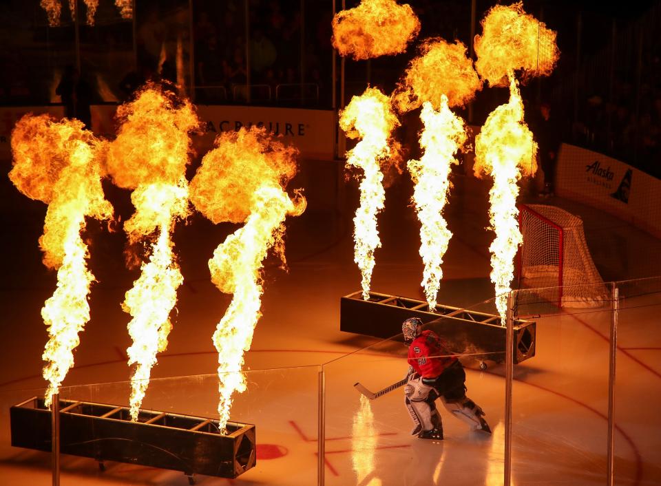 Coachella Valley Firebird goalie Chris Driedger takes the ice before their game against the San Diego Gulls at Acrisure Arena in Palm Desert, Calif, April 21, 2024.