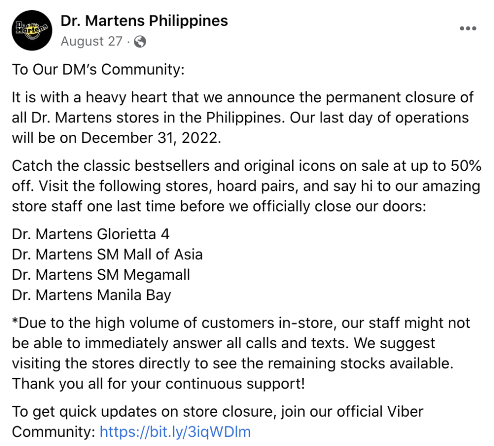 Dr. Martens’ post on Facebook - Credit: Dr. Martens Philippines/Facebook