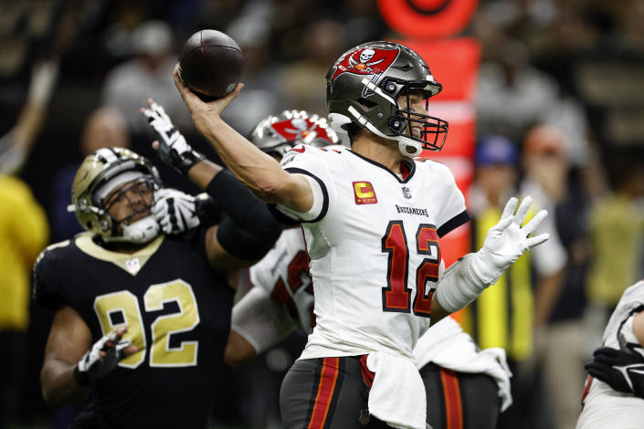 Tom Brady of the Tampa Bay Buccaneers face the New Orleans Saints on Monday night. (Photo by Chris Graythen/Getty Images)