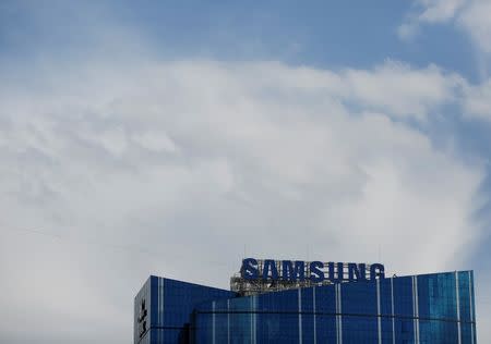 The logo of Samsung Electronics is seen at the roof of a building in Kiev, Ukraine April 19, 2016. REUTERS/Gleb Garanich