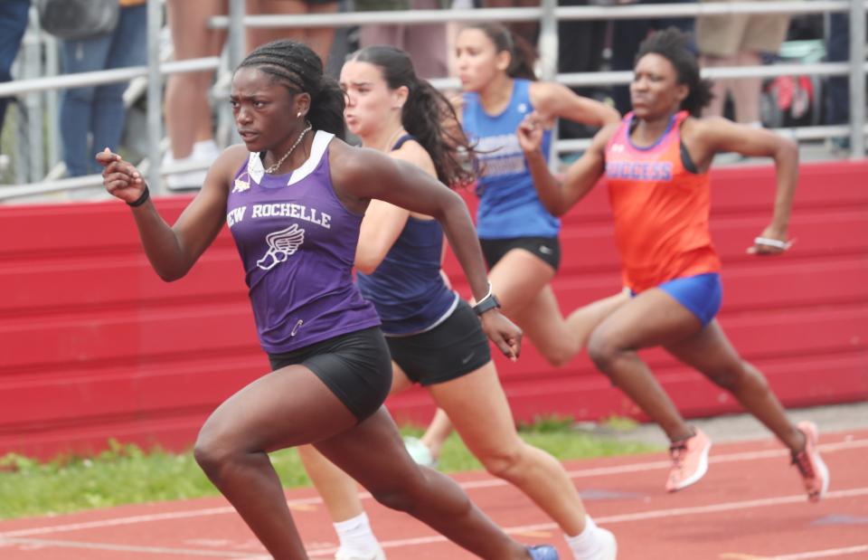 New Rochelle's Elisa Crisp on her way to winning the girls 100 meter during the Somers Lions Club Joe Wynne Invitational track and field meet at Somers High School May 4, 2024.