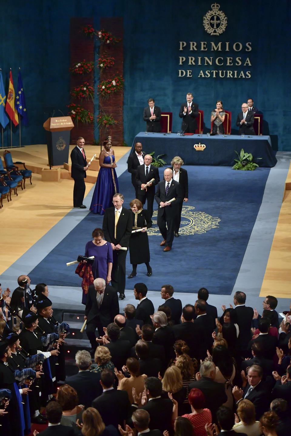 US film director Martin Scorsese leaves the theatre with other awards winning after receiving the Princess of Asturias Awards 2018 from Spain's King Felipe VI at a ceremony in Oviedo, northern Spain, Friday Oct. 19, 2018. (AP Photo/Alvaro Barrientos)