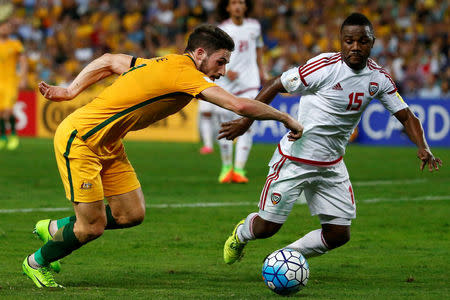 Football Soccer - Australia vs United Arab Emirates - 2018 World Cup Qualifying Asian Zone - Group B - Sydney Football Stadium, Sydney, Australia - 28/3/17 - Australia's Mathew Leckie is challenged by UAE's Ismail al Hammadi. REUTERS/David Gray