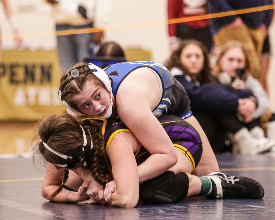 Isabelle Allen (Boiling Springs) wrestles Felicity Davis (Spring Grove) in a 130 lb. match. The District 3 girls' wrestling Southeast Regional Championships were held on Saturday, March 2, 2024, at Penn Manor High School.