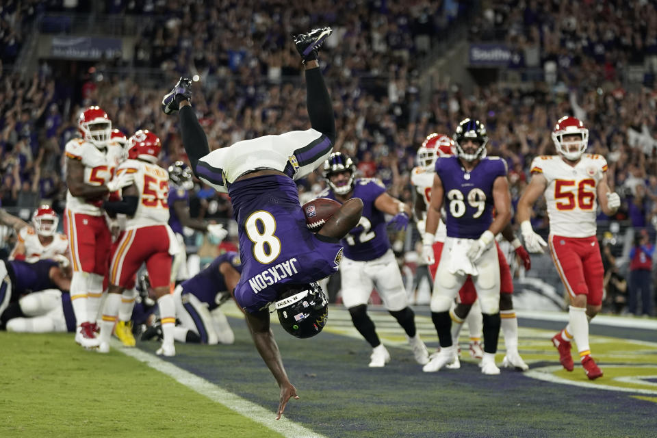 Baltimore Ravens quarterback Lamar Jackson scores a touchdown in the second half of an NFL football game against the Kansas City Chiefs, Sunday, Sept. 19, 2021, in Baltimore. (AP Photo/Julio Cortez)