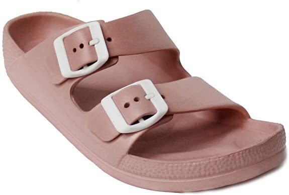 You really can&rsquo;t go wrong with these plastic double-buckle slides, as they can be easily cleaned and come in a range of exciting colors including dusty rose and neon yellow. <br /><br /><a href="https://amzn.to/3eWe0Gr" target="_blank" rel="noopener noreferrer"><strong>H2K Women's Lightweight Comfort Soft Slides in Eva, $17.99</strong></a>