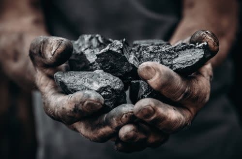 A man's dirty hands cradle several chunks of coal.