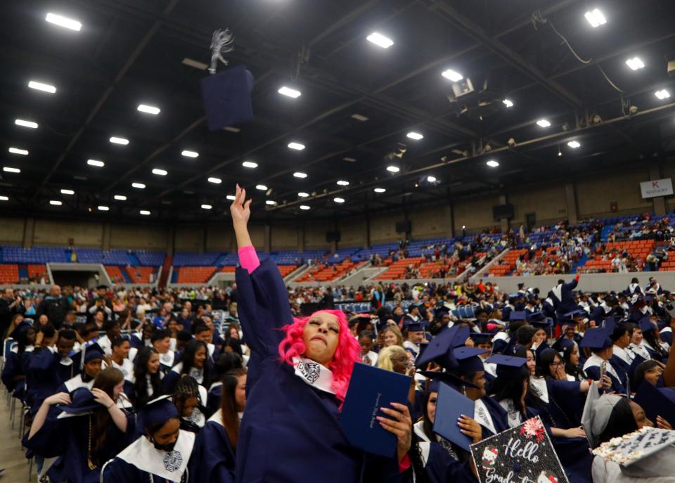 Melanie Stone celebrated by throwing her graduation cap in the air as ceremony for Iroquois High School in Broadbent Arena Friday night.
May 24, 2024