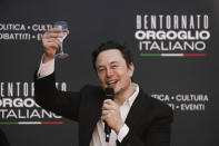 Tesla and SpaceX's CEO Elon Musk cheers as he speaks at the annual political festival Atreju, organized by the Giorgia Meloni's Brothers of Italy political party, in Rome, Saturday, Dec. 16, 2023. (AP Photo/Alessandra Tarantino)