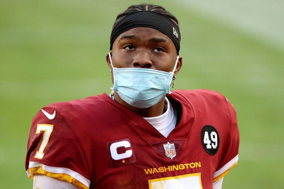 LANDOVER, MARYLAND - DECEMBER 20: Quarterback Dwayne Haskins #7 of the Washington Football Team walks off the field following their 20-15 loss to the Seattle Seahawks at FedExField on December 20, 2020 in Landover, Maryland. (Photo by Patrick Smith/Getty Images)