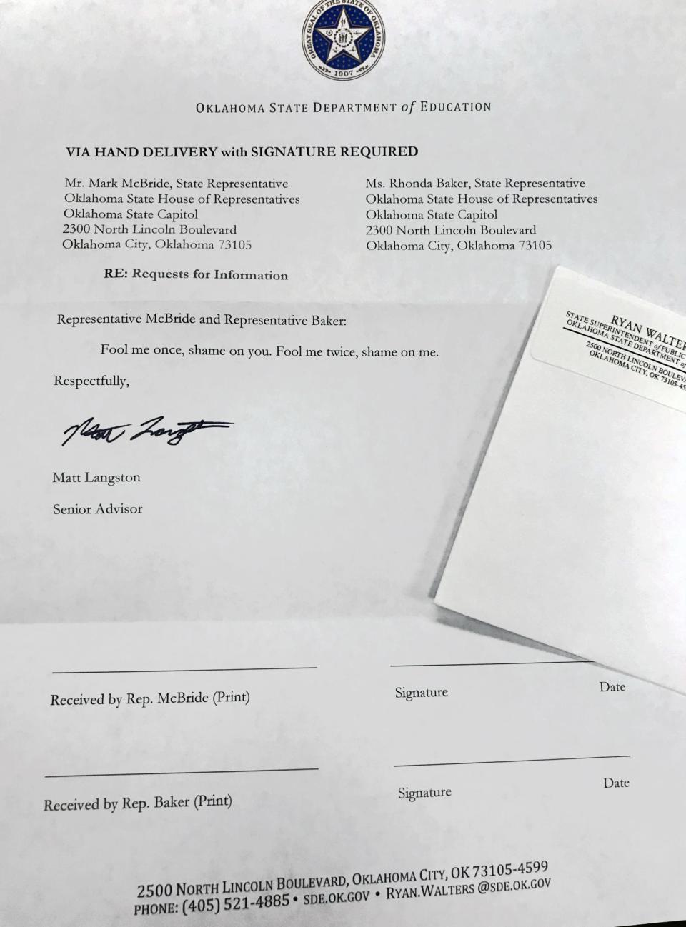 A photo of a letter received by state Rep. Mark McBride and Rep. Rhonda Baker from state schools Superintendent Ryan Walters' top adviser, Matt Langston.