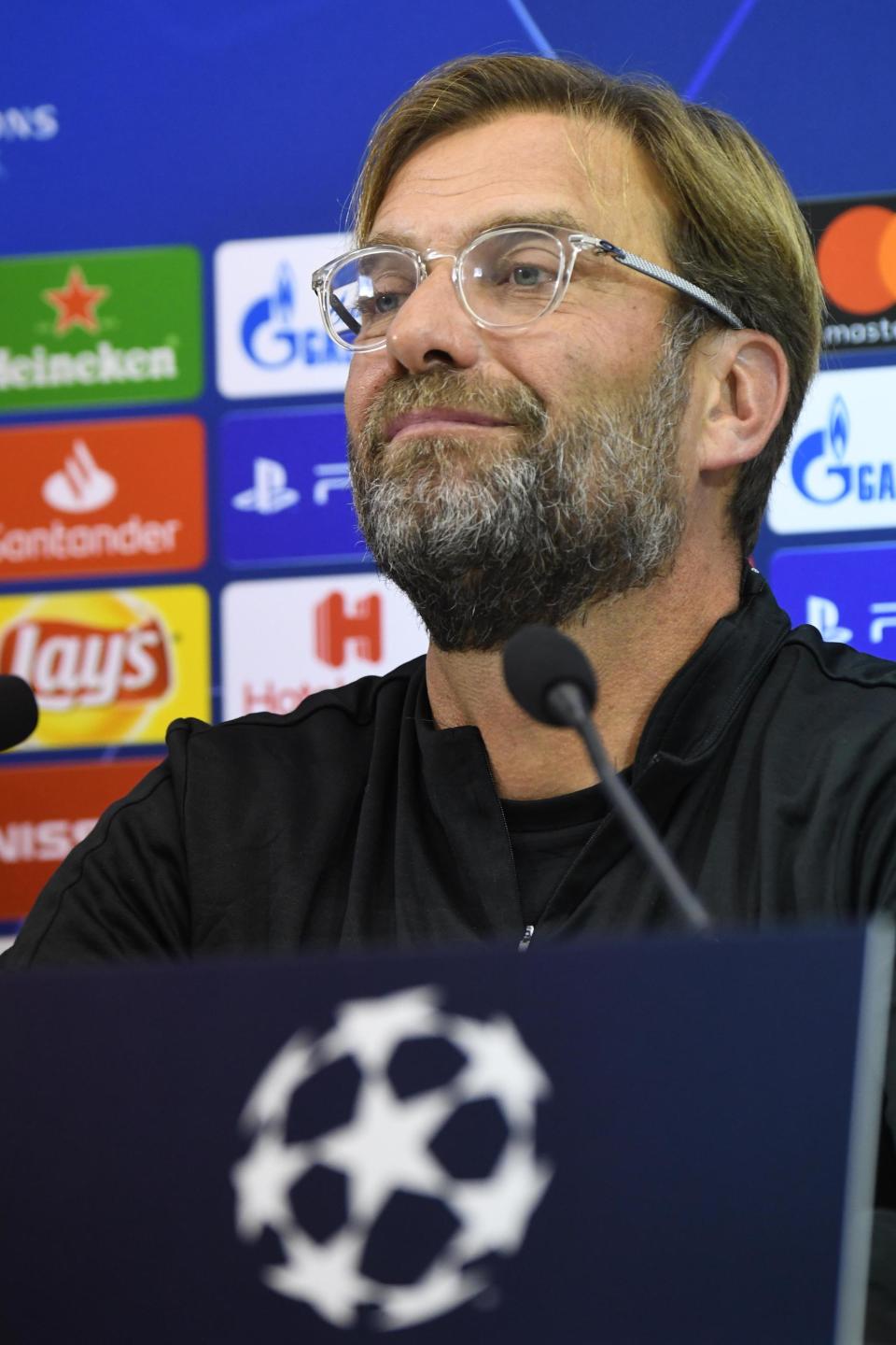 Liverpool coach Jurgen Klopp attends a news conference ahead of Wednesday's Champions League, Group C soccer match against Napoli, in Naples, Italy, Tuesday, Oct. 2, 2018. (Ciro Fusco/ANSA via AP)