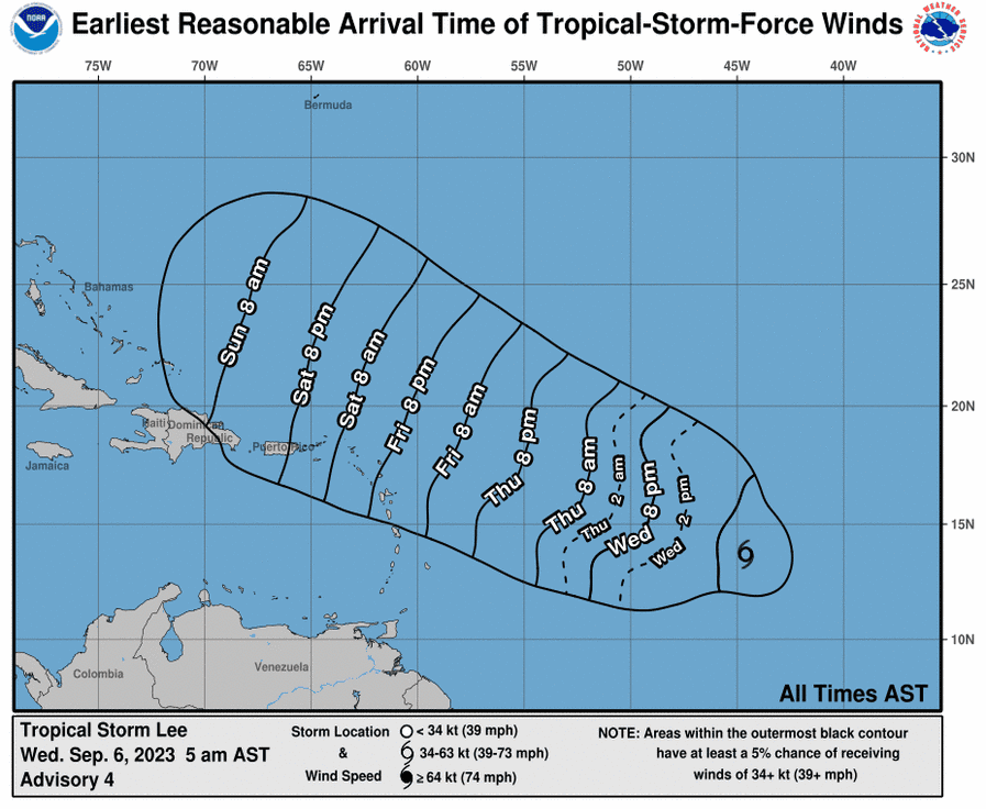 Graphic explanation from the National Hurricane Center on anticipated arrival of tropical-force storms winds created by Tropical Storm Lee. The NHC anticipates Hurricane Lee to strengthen into a hurricane by the weekend.